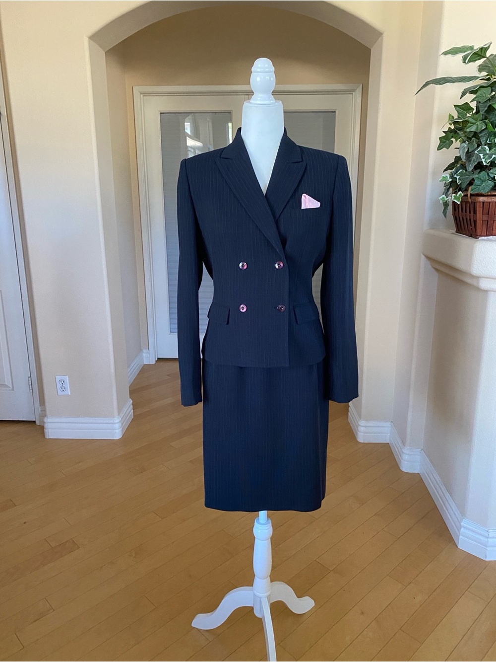 Kasper Navy Pinstripe Double-Breasted Skirt Suit with Pink Accents